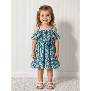 Boutique Girls Size 100 (US 3T/4T) Daisy Dress - Teal Ruffle Cold Shoulder - EUC